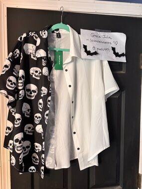 Skull Print Black Button-Up & White Short Sleeve Shirt Duo